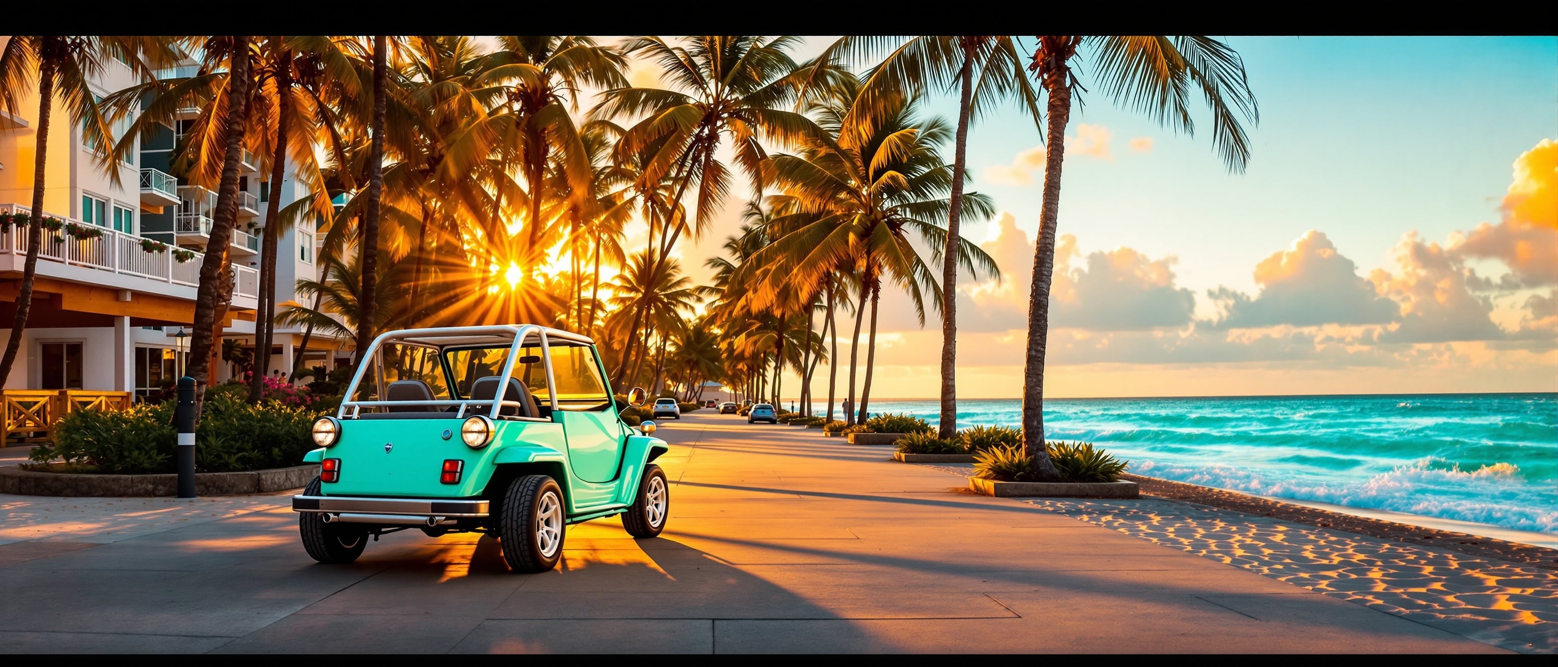 Mint green Moke beach buggy parked on the Hollywood Beach boardwalk at golden hour