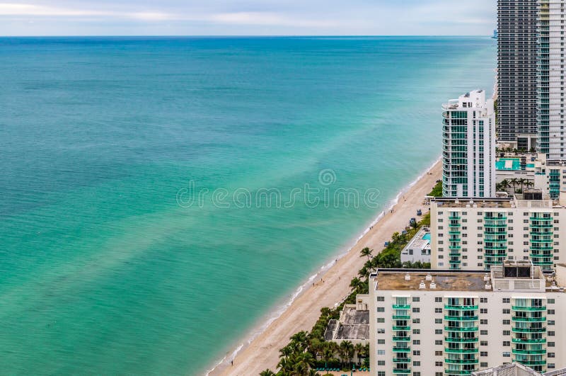 Aerial view of Hollywood Beach Florida coastline with turquoise water and white sand