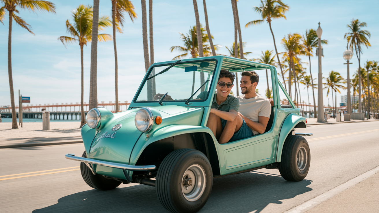 Happy couple cruising in a mint Moke along a palm-lined Hollywood Beach street