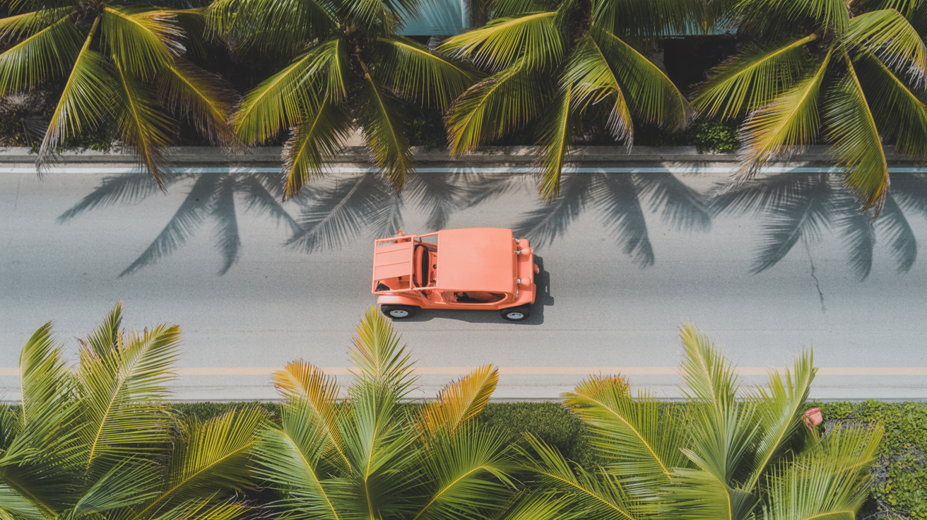 Aerial overhead view of a coral Moke on a palm-lined boulevard