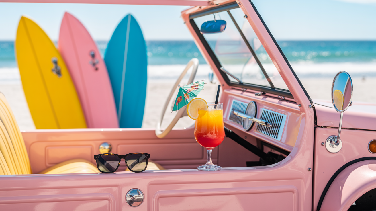 Pastel Moke dashboard with sunglasses, surfboards and a tropical drink