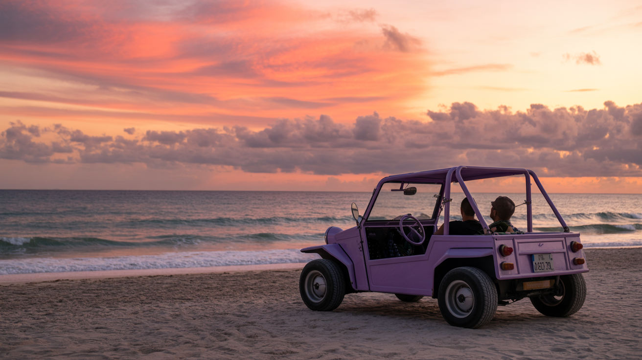 Lavender Moke parked facing the ocean at sunset in Hollywood Beach, Florida