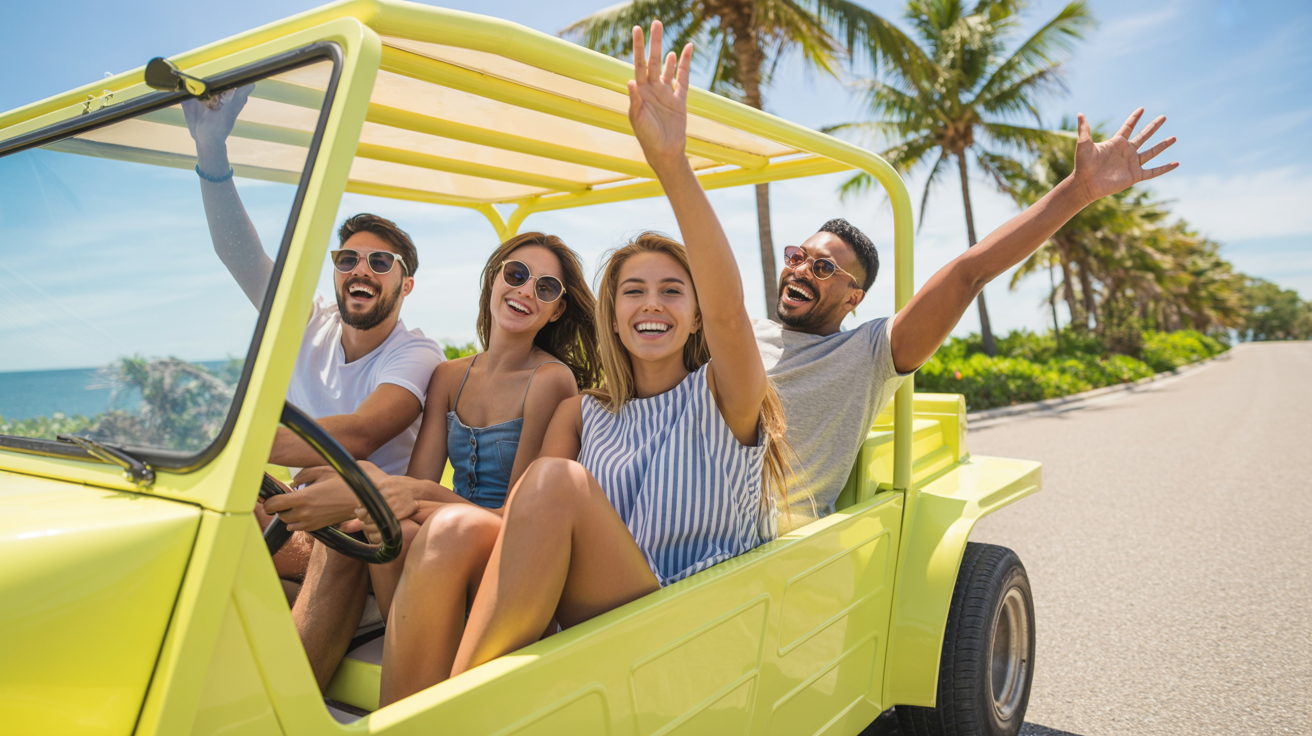 Group of friends laughing in a yellow Moke on a tropical coastal road