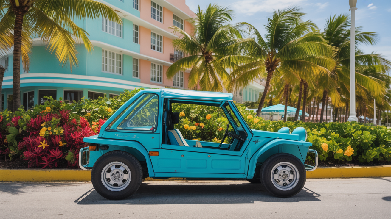 Turquoise Moke parked in front of a pastel Art Deco hotel in Hollywood Beach